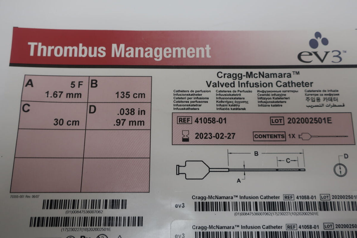 41058-01 - EV3 - ev3 Cragg-McNamara Valved Infusion Catheter, 5F x 135cm x 30cm x .038", (BX/1)