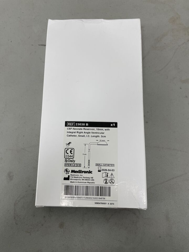 23038B - MEDTRONIC - CSF-Neonate Reservoir 10mm w/Integral Right Angle Ventricular Catheter, Small, 3cm, (BX/1)