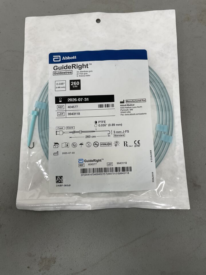 404577 - ABBOTT - GuideRight Guidewire - Fixed Core, PTFE, 3mm J-FS, Standard - .035'' x 260cm, (EA)