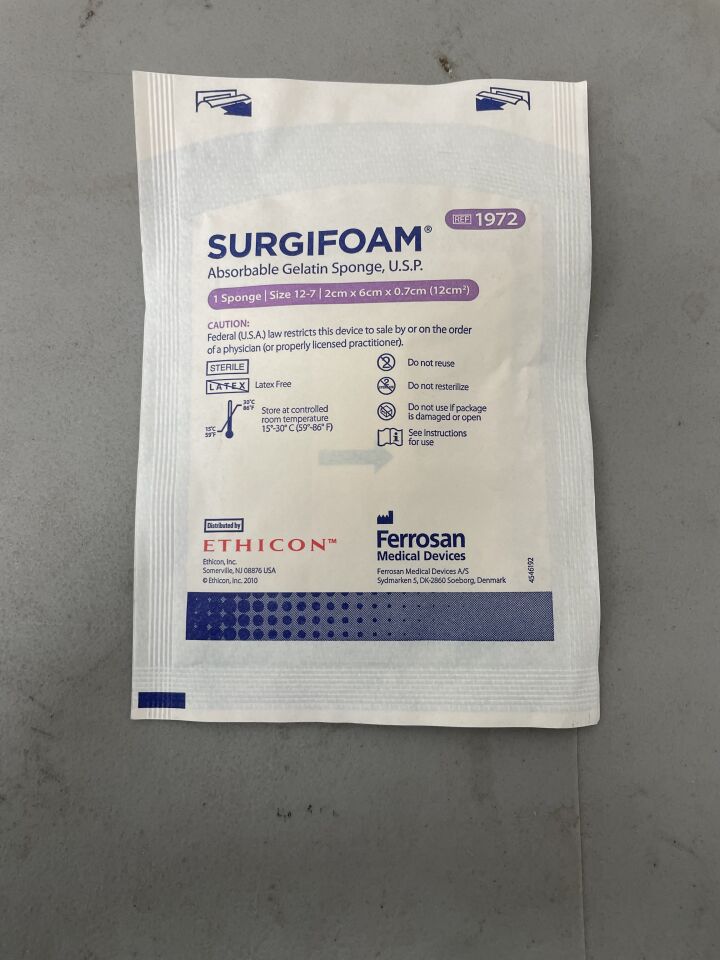 1972 - ETHICON - Surgifoam, Absorbable Gelatin Sponge, size 12-7, 2cm x 6cm x 0.7cm, (EA)