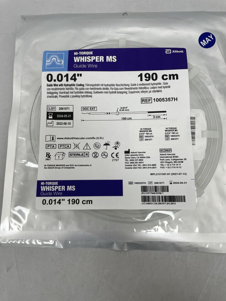 1005357H - ABBOTT - Hi-Torque Whisper MS Guide Wire 0.014" x 190cm, Straight, (EA)
