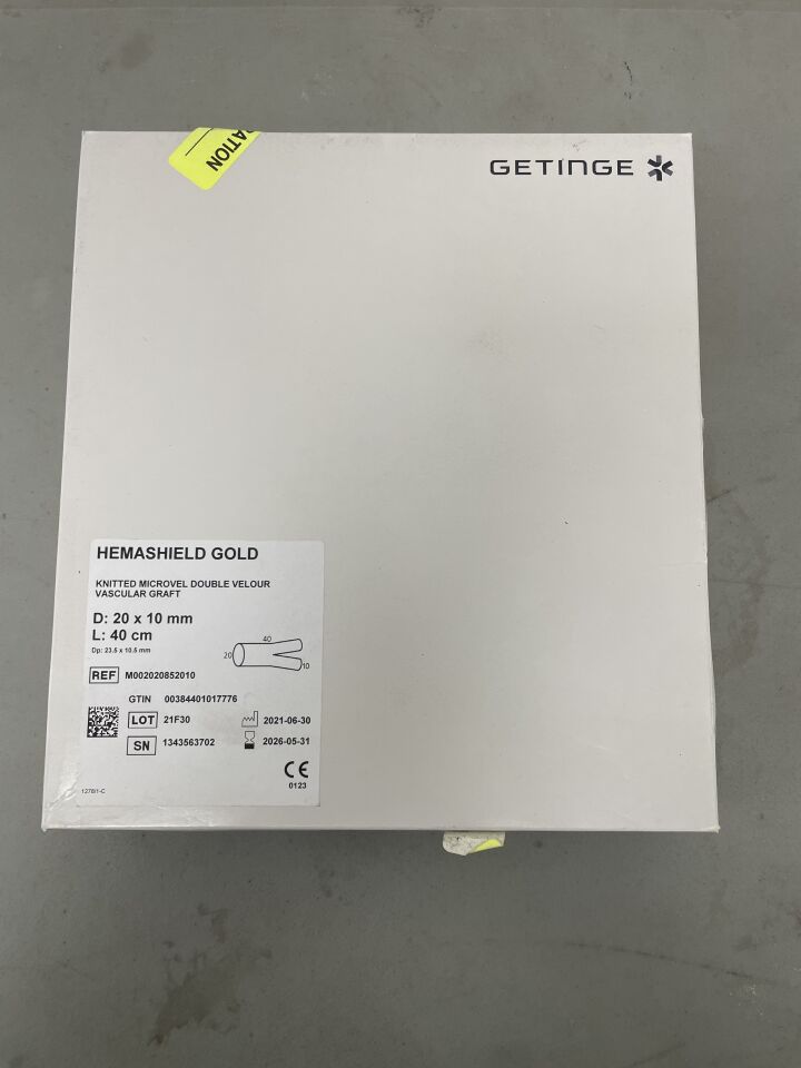 M002020852010 - MAQUET - Hemashield Gold Knitted Microvel Bifurcated Double Velour Vascular Graft with Graft D: 20 x 10mm L: 40cm, (BX/1)
