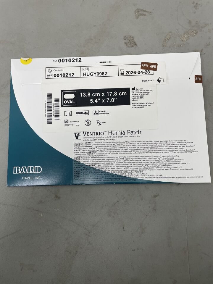 10212 - BARD - Ventrio Hernia Patch Large Oval with ePTFE 13.8cm x 17.8cm, (BX/1)