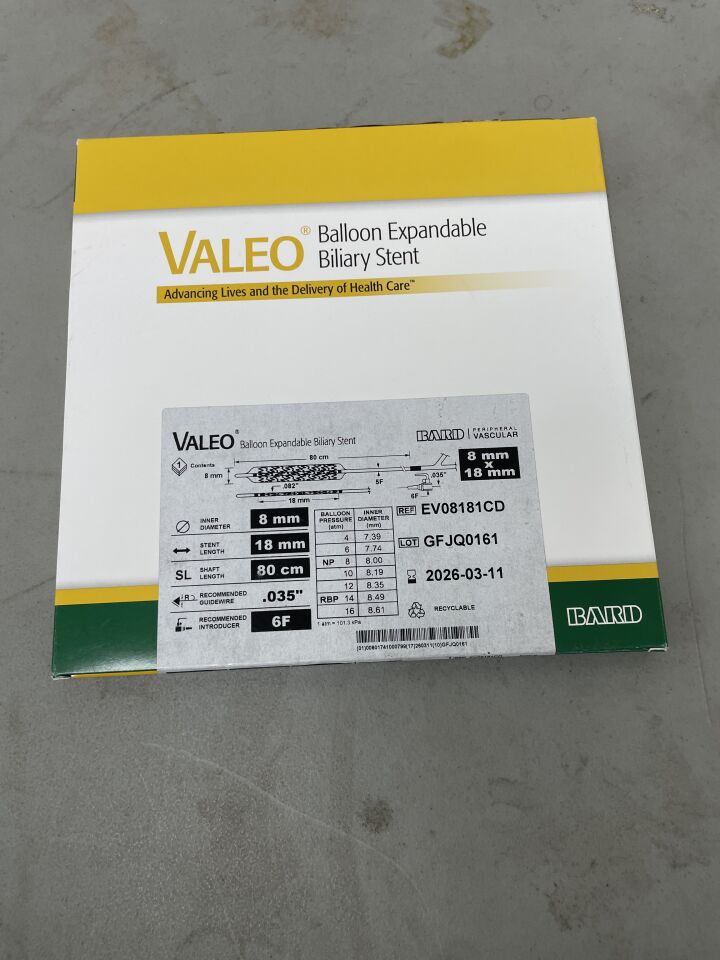 EV08181CD - BARD - VALEO Balloon Expandable Biliary Stent - 8mm x 18mm x 80cm, (BX/1)