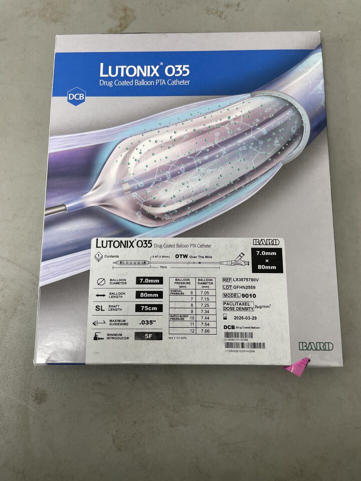 LX3575780V - BARD - LUTONIX 035 Drug Coated Balloon PTA Catheter - 5Fr x 7mm x 80mm x 75cm, (BX/1)