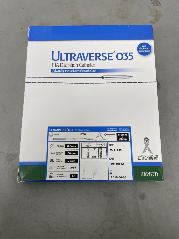 U357586 - BARD - ULTRAVERSE 035 PTA Dilatation Catheter - 5Fr x 8mm x 60mm x 75cm, (BX/1)