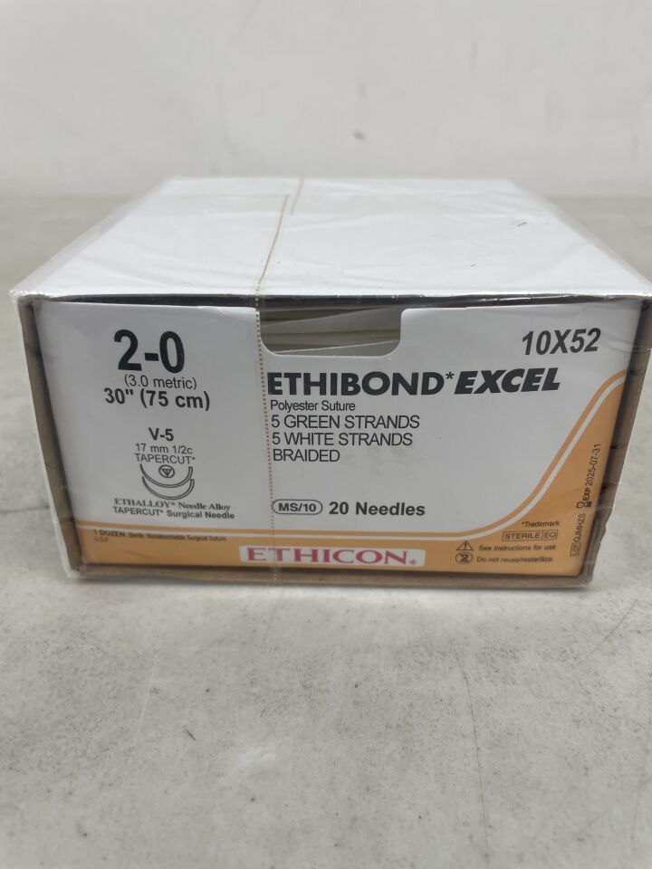 10X52 - ETHICON - Ethibond Excel Non-Absorbable Braided Polyester Suture, Size 2-0, 30 in. Length, V-5 Needle, (BX/12)