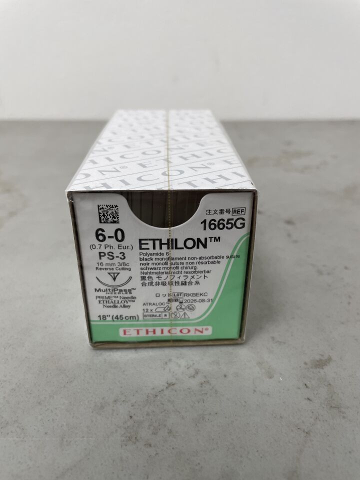 1665G - ETHICON - Ethilon Non-Absorbable Monofilament Nylon Suture, Size 6-0, 18 in. Length, PS-3 Needle, (BX/12)