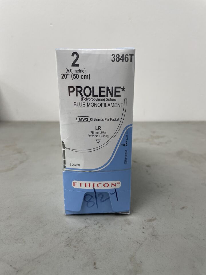 3846T - ETHICON - Prolene Non-Absorbable Monofilament Polypropylene Suture, Size 2, 20 in. Length, LR Needle, (BX/24)