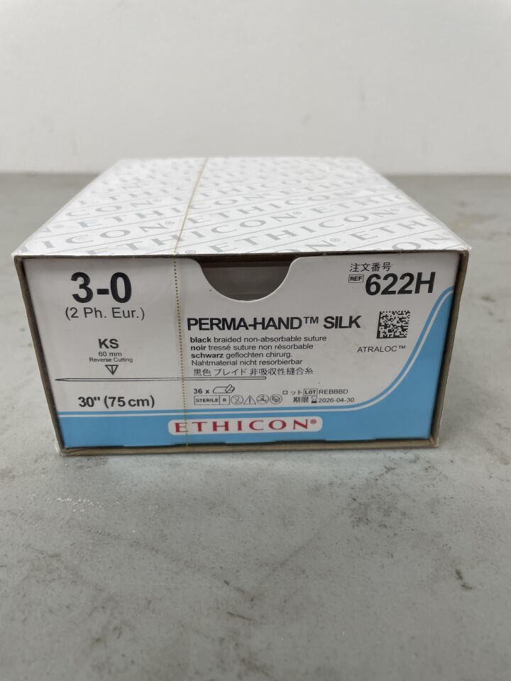 622H - ETHICON - Perma-Hand Non-Absorbable Braided Silk Suture, Size 3-0, 30 in. Length, KS Needle, (BX/36)