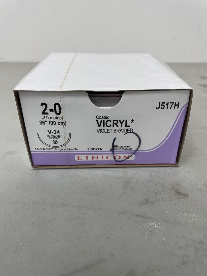 J517H - ETHICON - Coated Vicryl Absorbable Braided Polyglactin 910 Suture, Size 2-0, 36 in. Length, V-34 Needle, (BX/36)