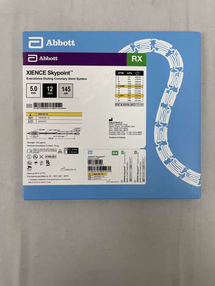 1804500-12 - ABBOTT - Xience Skypoint RX Everolimus Eluting Coronary Stent: 5.0mm x 12mm, 145cm, (BX/1)