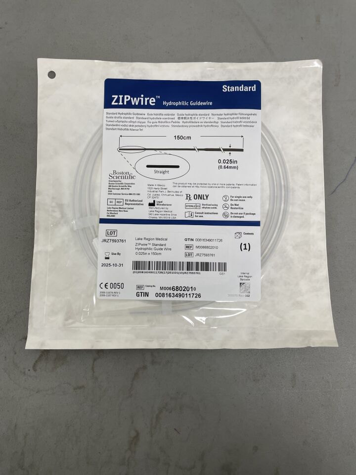 680201 - BOSTON SCIENTIFIC - ZIPwire Hydrophilic Guidewire - Standard, Straight - .025" x 150cm, (EA)
