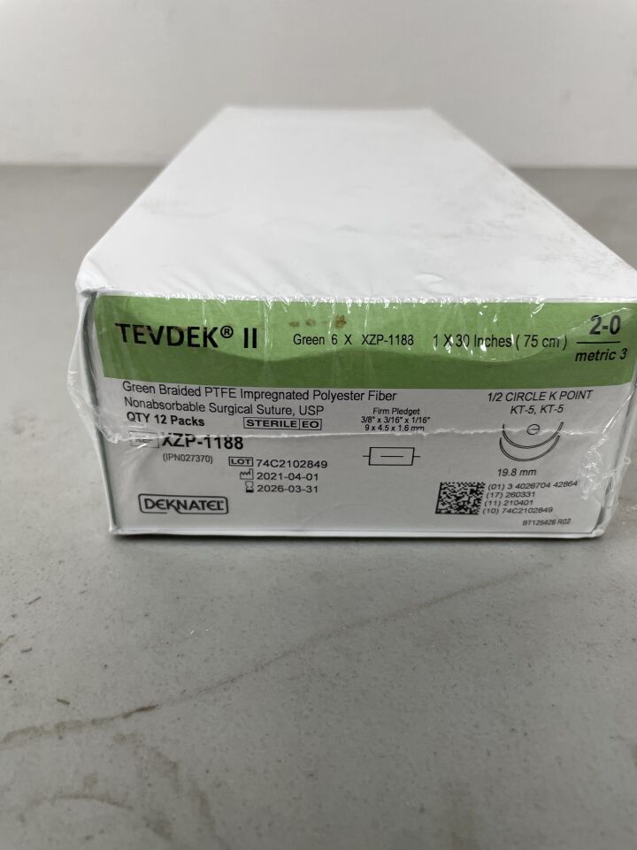 XZP-1188 - TELEFLEX - Deknatel Tevdek Non-Absorbable Braided Polyester Suture, Size 2-0, 30 in. Length, KT-5 Needle Type, (BX/12)