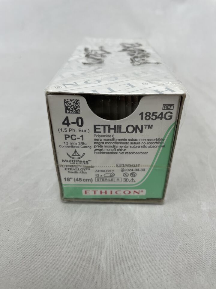 1854G - ETHICON - ETHILON Nylon Suture, Precision Cosmetic - Conventional Cutting PRIME, Non-Absorbable, PC-1 13mm 3/8 Circle, Black Monofilament 18" = 45cm, Size: 4-0, (BX/12)