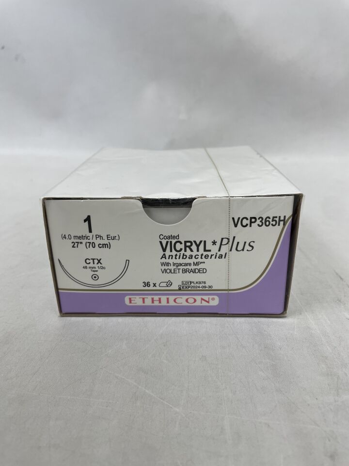 VCP365H - ETHICON - COATED VICRYL Plus Antibacterial (polyglactin 910) Suture, Taper Point, Absorbable, CTX 48mm ½ Circle, Violet Braided 27" = 70cm, Size: 1-0, (BX/36)