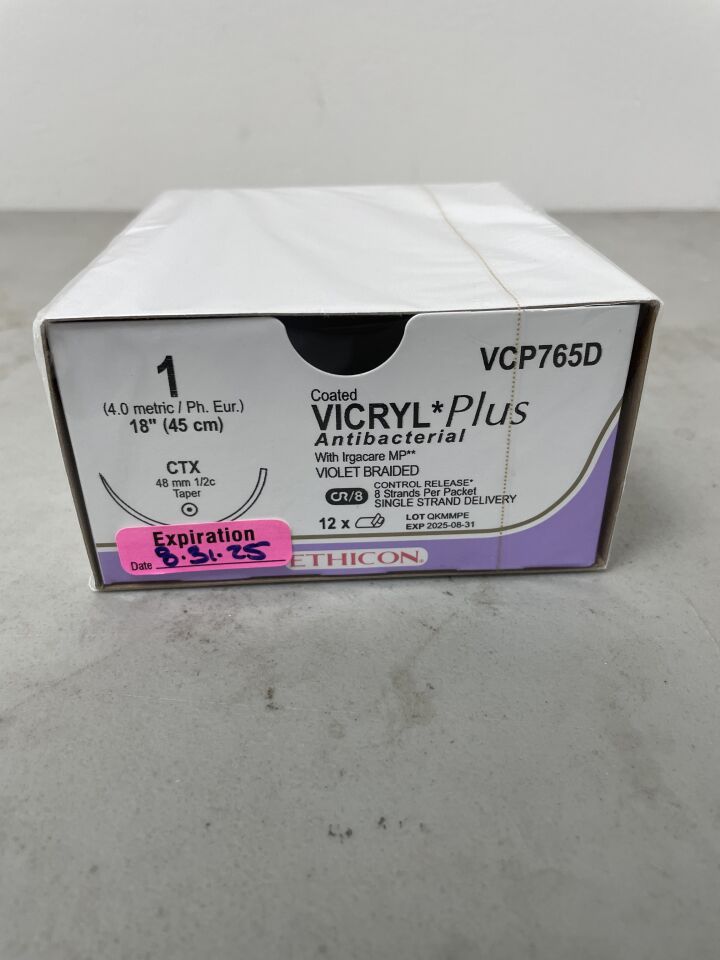 VCP765D - ETHICON - Coated Vicryl Plus Absorbable Braided Antibacterial Suture, Size 1, 18 in. Length, CTX Needle, (BX/36)