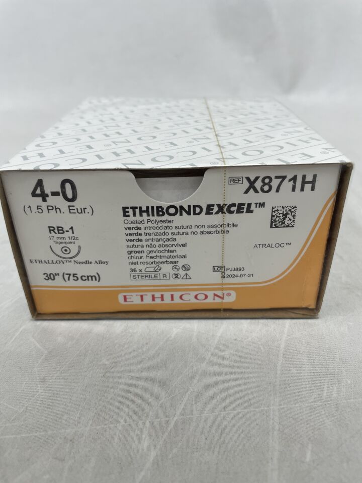 X871H - ETHICON - ETHIBOND EXCEL Polyester Suture, Taper Point, Non-Absorbable, RB-1 17mm ½ Circle, Green Braided 30" = 75cm, Size: 4-0, (BX/36)