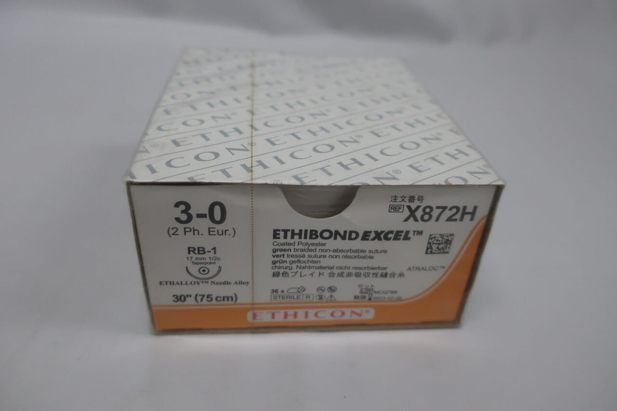 X872H - ETHICON - Ethibond Excel Non-Absorbable Braided Polyester Suture, Size 3-0, 30 in. Length, RB-1 Needle, (BX/36)