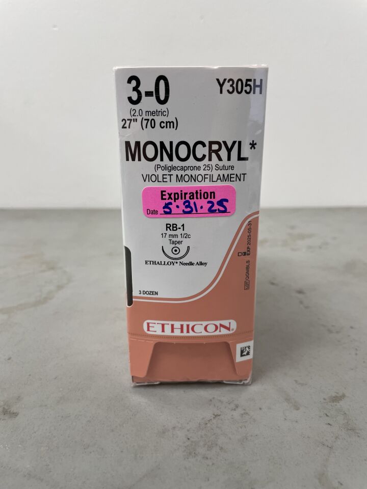 Y305H - ETHICON - Monocryl Violet Monofilament, 27in length, RB-1 needle, (BX/12)
