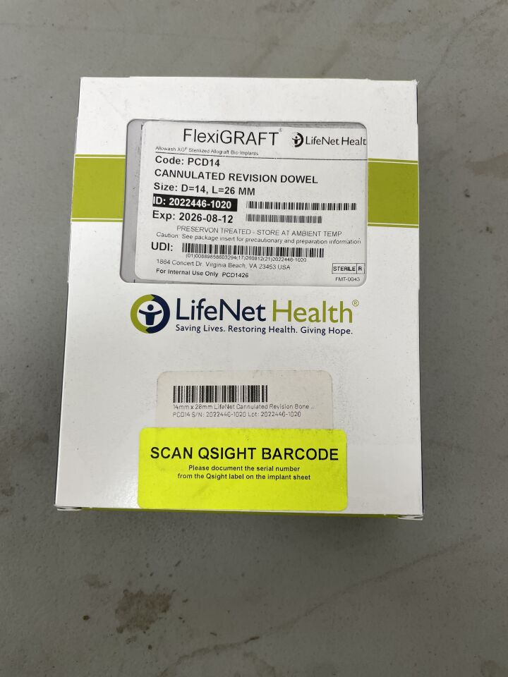 PCD14 - LIFENET HEALTH - FlexiGraft Cannulated Revision Dowel, Standard, 25-29mm x 14mm, (BX/1)