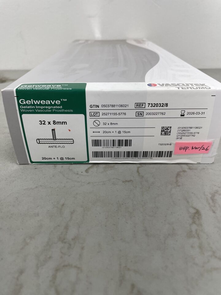 732032/8 - TERUMO - Gelweave Gelatin Impregnated Woven Vascular Prosthesis ANTE-FLO, 32 x 8mm, (BX/1)