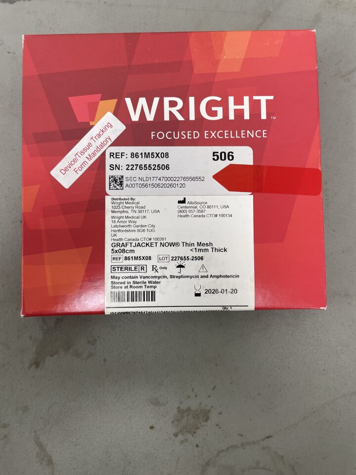 861M5X08 - WRIGHT MEDICAL - GRAFTJACKET NOW, Thin Mesh, <1mm Thick, 5 x 8cm, (BX/1)