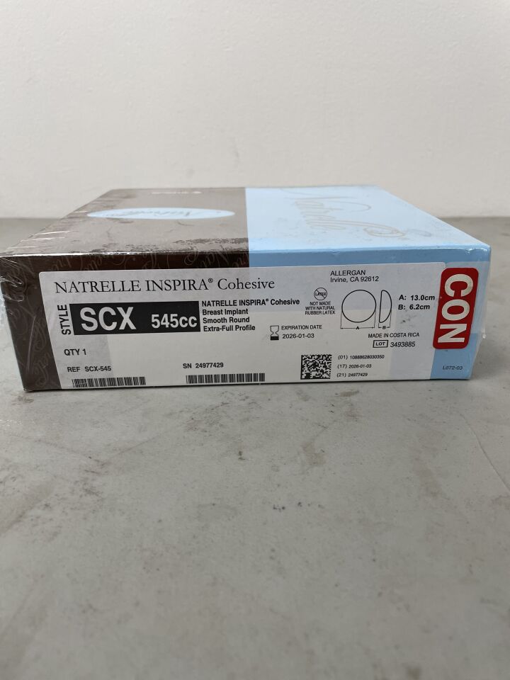 SCX-545 - ALLERGAN - Natrelle Inspira SCX Breast Implant, Smooth Round, Extra Full Profile, 545cc, (BX/1)