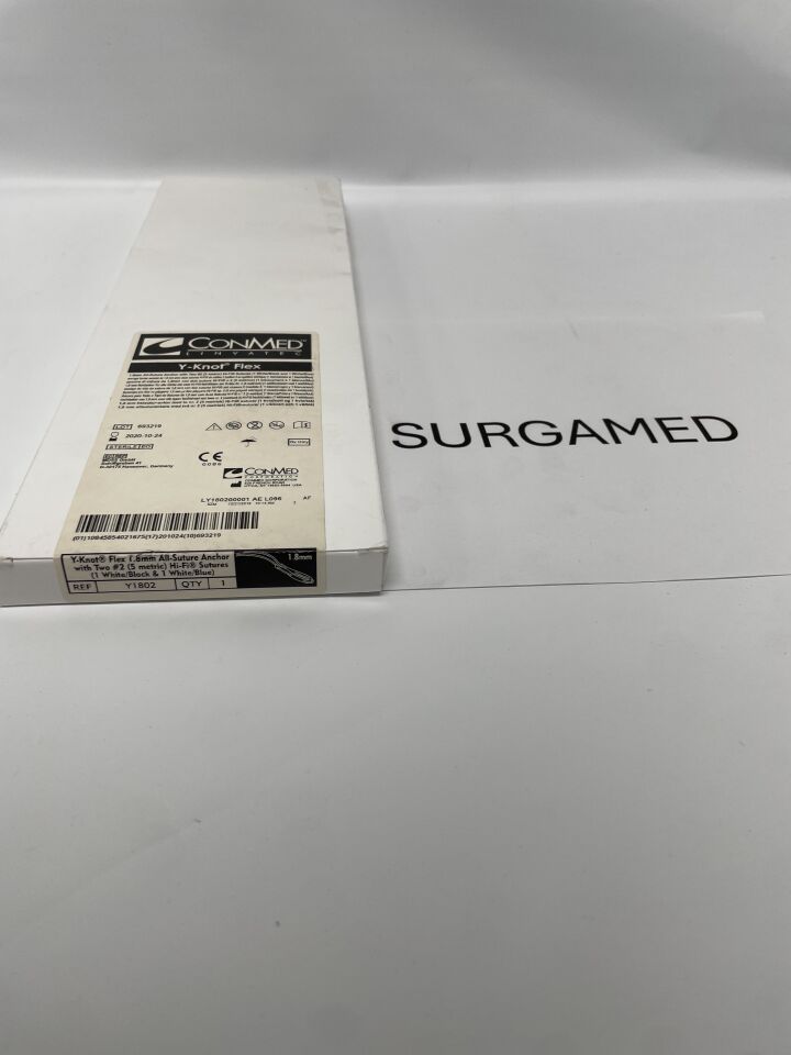 Y1802 - CONMED - Y-Knot Flex All-Suture Anchor, 1.8mm, Double Loaded w/Two Strands of #2 Hi-Fi (1 White/Black, 1 White/Blue), (BX/1)