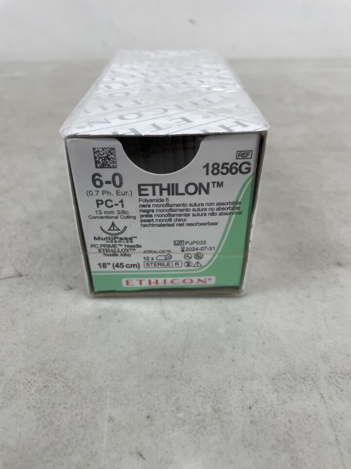 1856G - ETHICON - Ethilon Non-Absorbable Monofilament Nylon Suture, Size 6-0, 18 in. Length, PC-1 Needle, (BX/12)