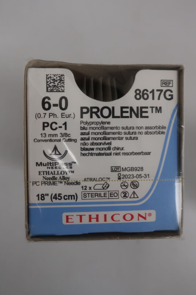 8617G - ETHICON - Prolene Non-Absorbable Monofilament Polypropylene Suture, Size 6-0, 18 in. Length, PC-1 Needle, (BX/12)