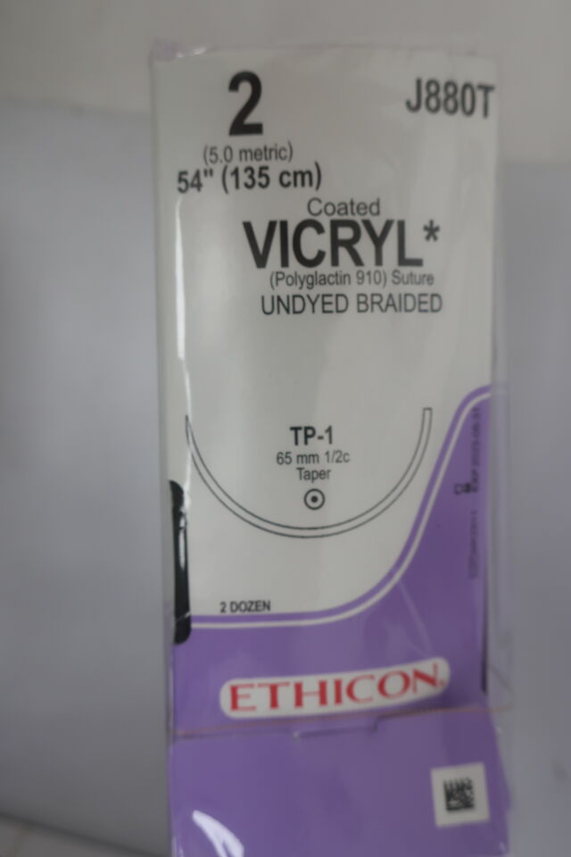 J880T - ETHICON - Coated Vicryl Absorbable Braided Polyglactin 910 Suture, Size 2, 54 in. Length, TP-1 Needle, (BX/24)