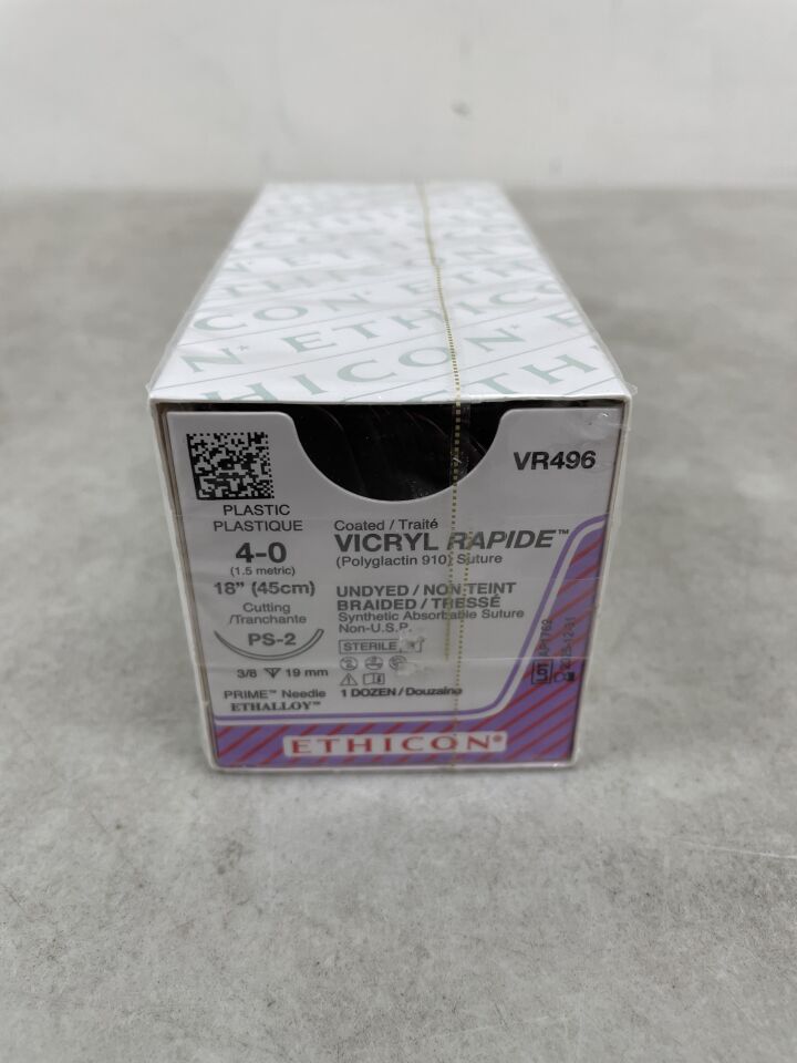 VR496 - ETHICON - 4-0 COATED VICRYL RAPIDE UNDYED BRAIDED SYNTHETIC ABSORBABLE SUTURE, PS-2 19MM 3/8c CUTTING, (BX/12)