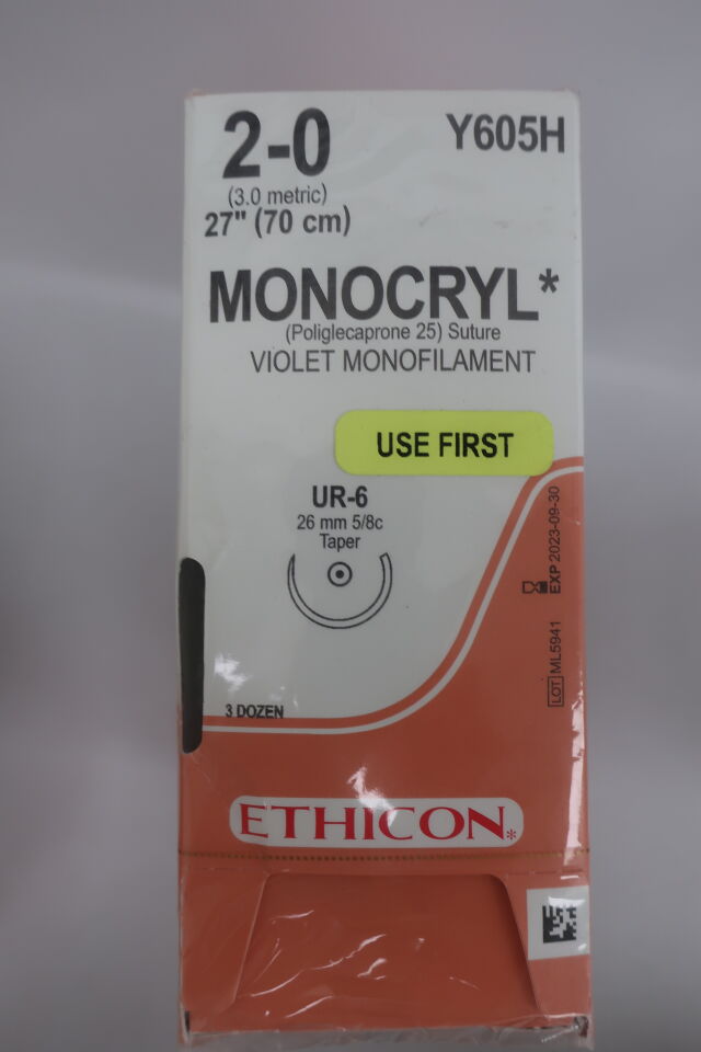 Y605H - ETHICON - Monocryl Absorbable Monofilament Poliglecaprone 25 Suture, Size 2-0, 27 in. Length, UR-6 Needle, (BX/36)