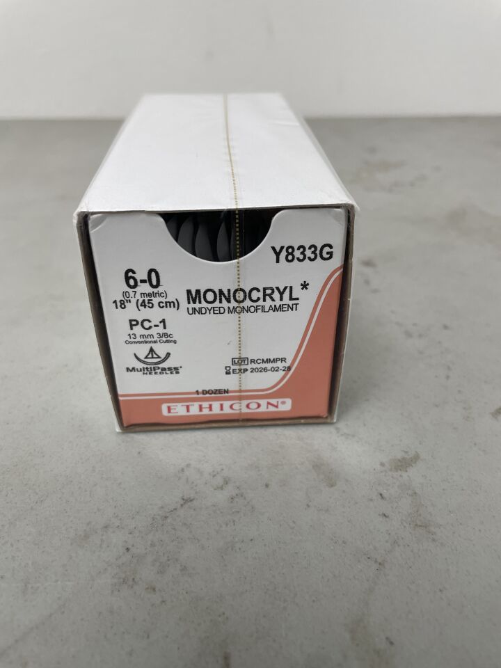 Y833G - ETHICON - Monocryl Absorbable Monofilament Poliglecaprone 25 Suture, Size 6-0, 18 in. Length, PC-1 Needle, (BX/12)