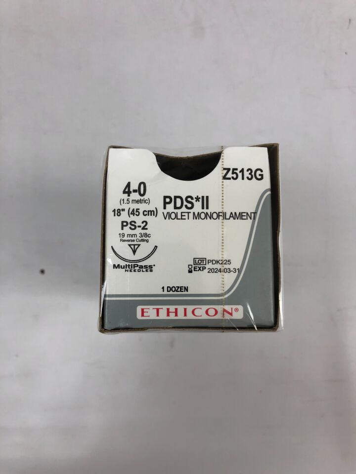 Z513G - ETHICON - 4-0 PDS II Suture, Violet Monofilament, 18in, PS-2 19mm 3/8c Reverse Cutting, (BX/12)