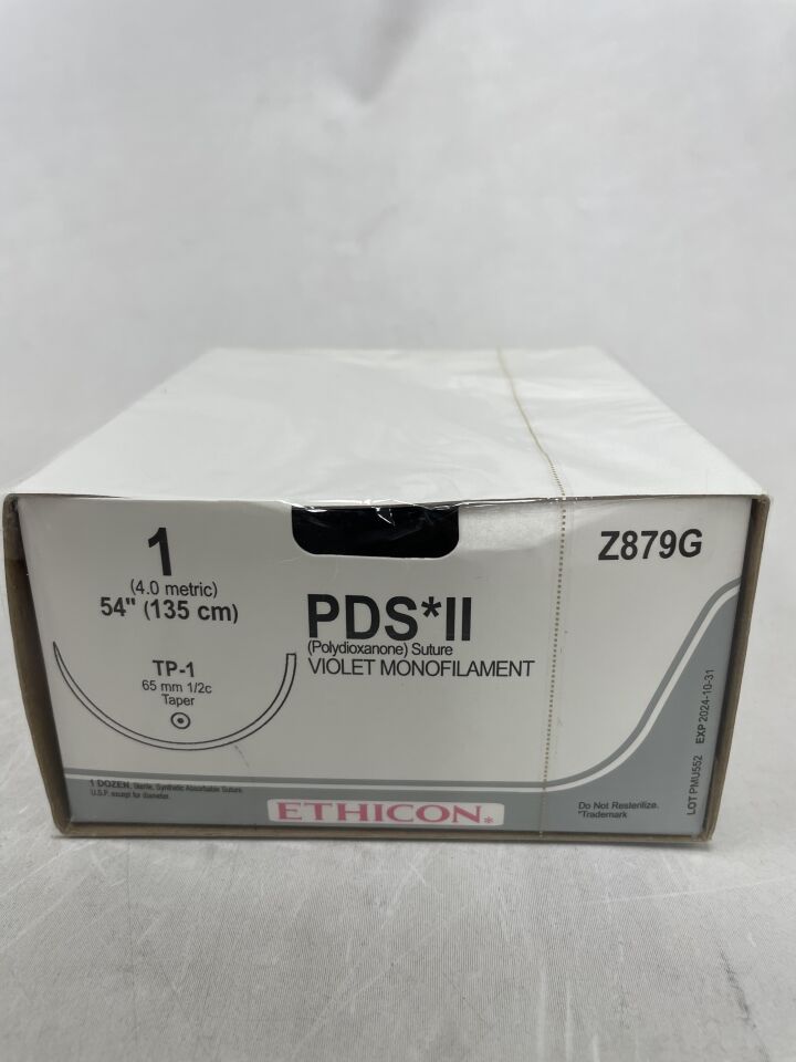 Z879G - ETHICON - PDS II (polydioxanone) Suture, Taper Point, Absorbable, TP-1 65mm ½ Circle, Violet Monofilament 48" = 122cm, Size: 1, (BX/12)
