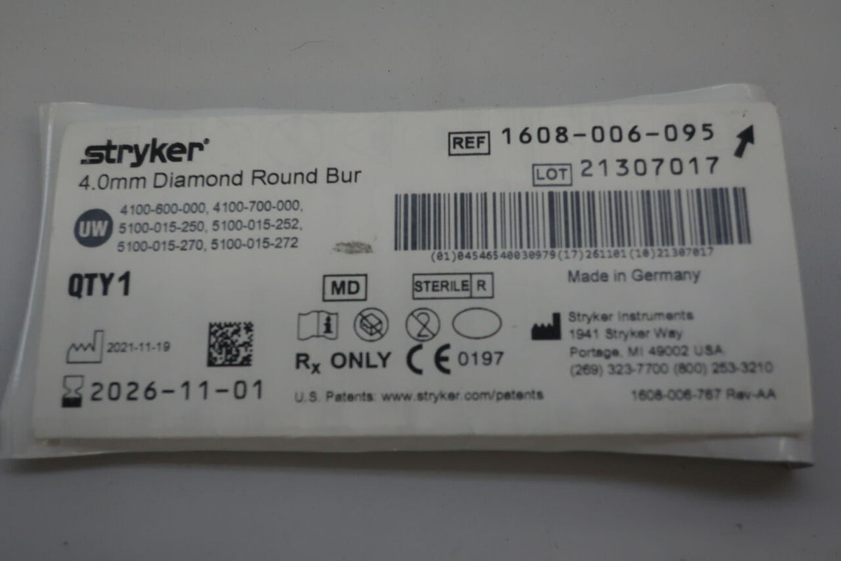 1608-006-095 - STRYKER - Diamond Round Micro Burr, 4 mm Head Diameter, 54 mm Length, (EA)
