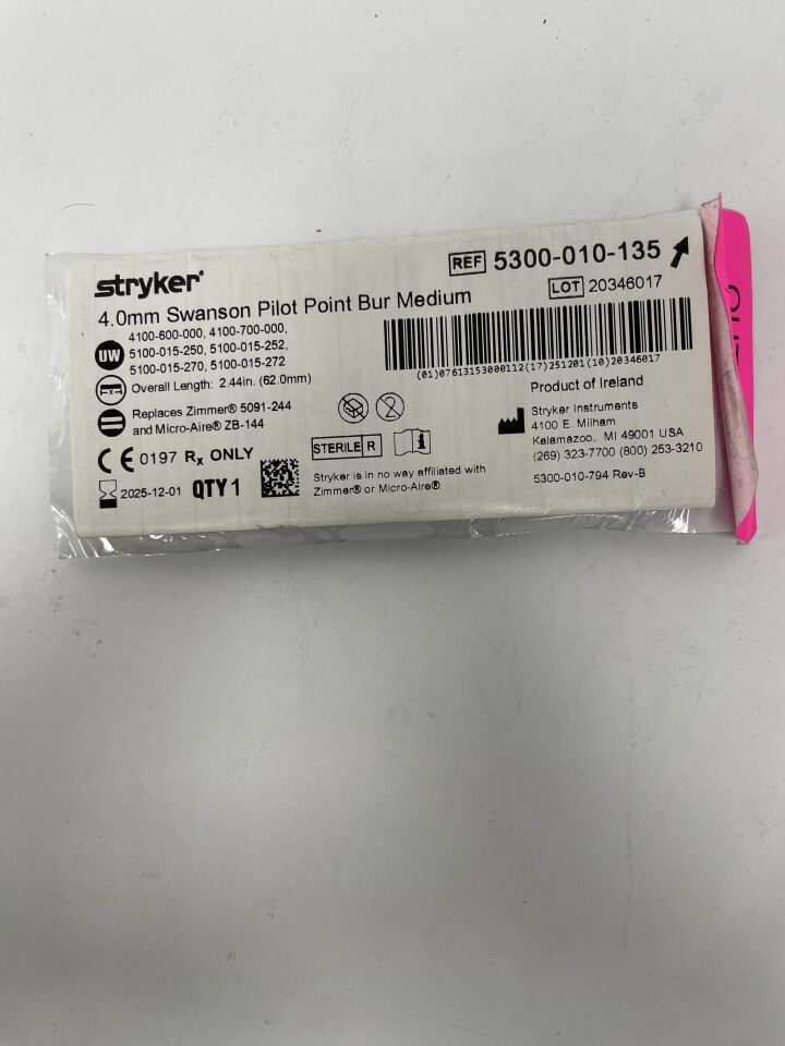 5300-010-135 - STRYKER - 4.0mm Swanson Pilot Point Bur Medium, (EA)