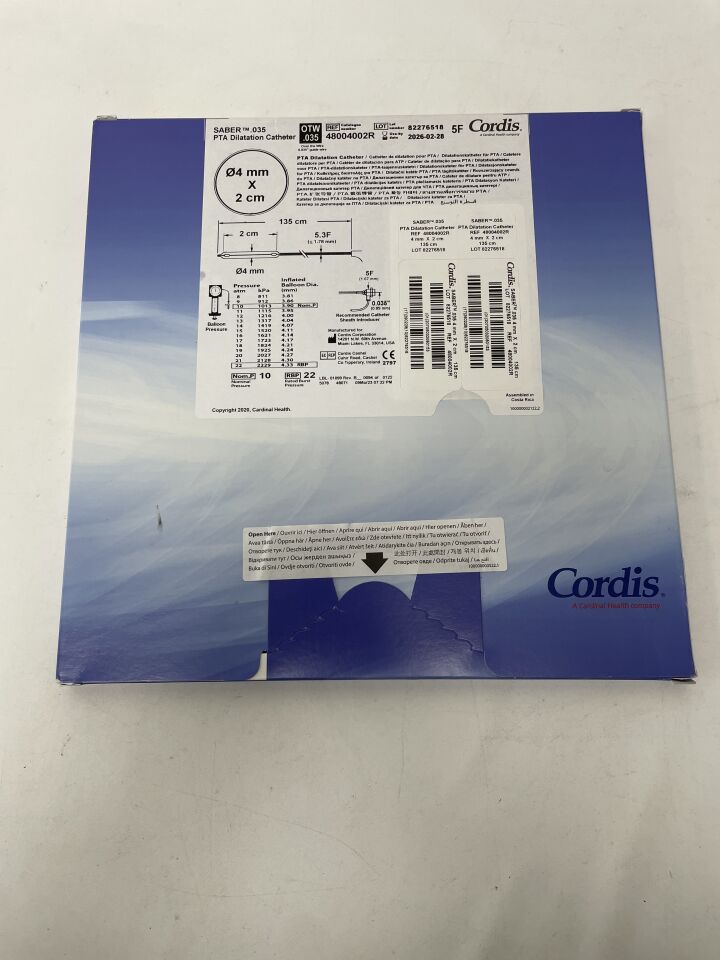 48004002R - CORDIS - SABER .035" OTW PTA Dilatation Catheter - 4mm x 2cm x 135cm, (BX/1)