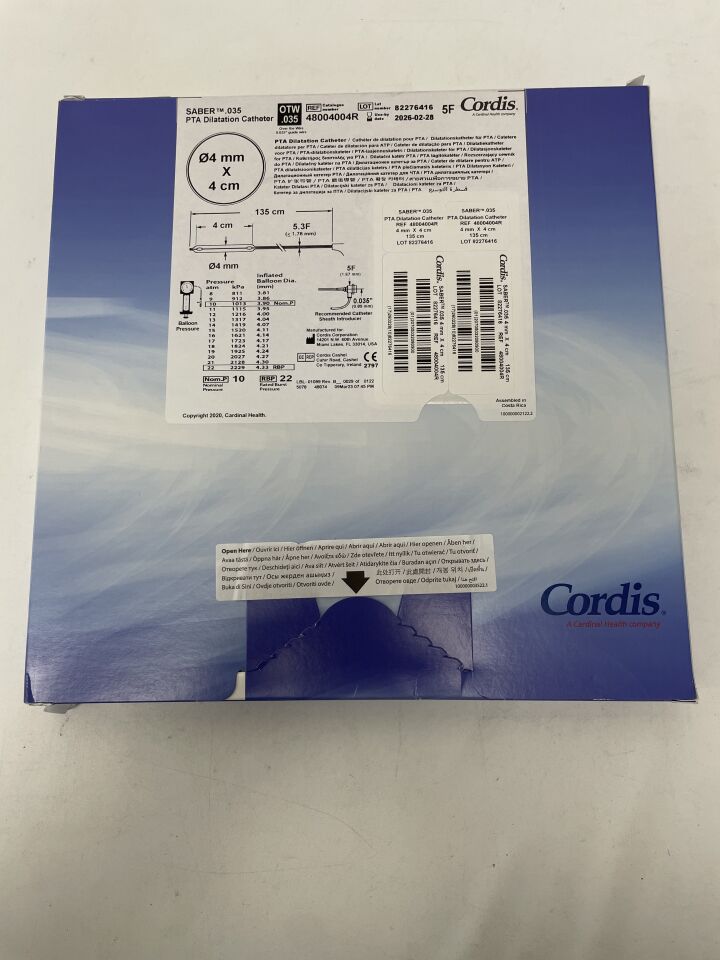 48004004R - CORDIS - SABER .035" OTW PTA Dilatation Catheter - 4mm x 4cm x 135cm, (BX/1)