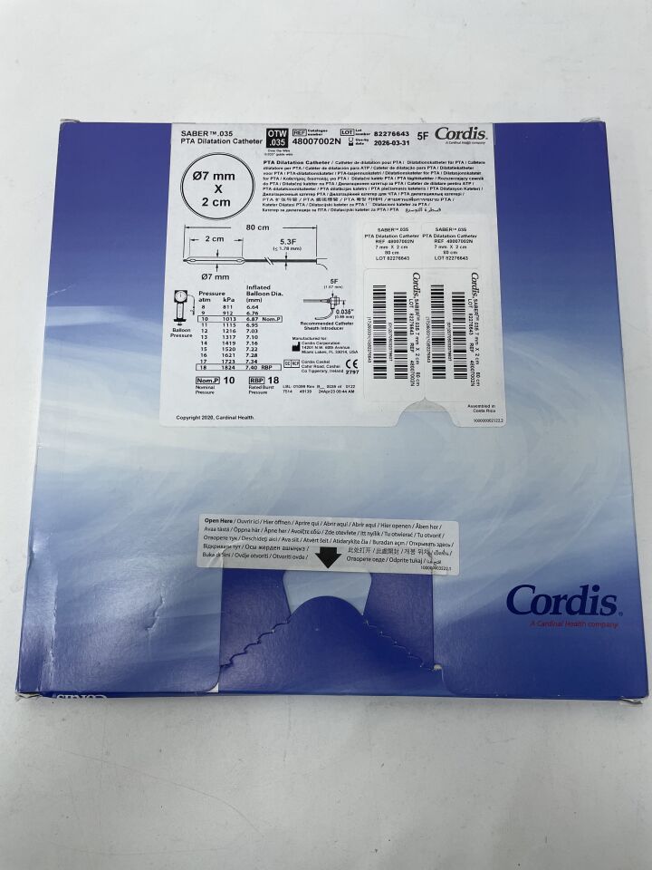 48007002N - CORDIS - SABER .035" OTW PTA Dilatation Catheter - 7mm x 2cm x 80cm, (BX/1)