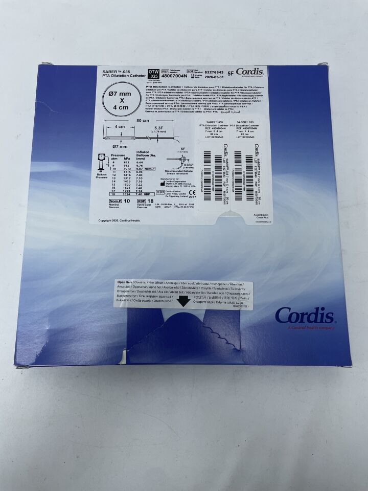 48007004N - CORDIS - SABER .035" OTW PTA Dilatation Catheter - 7mm x 4cm x 80cm, (BX/1)