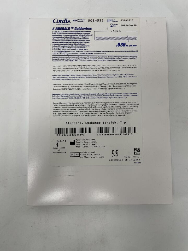 502-555 - CORDIS - Fixed Core Emerald Guidewire 0.035" x 260cm, Exchange, Straight, (BX/5)