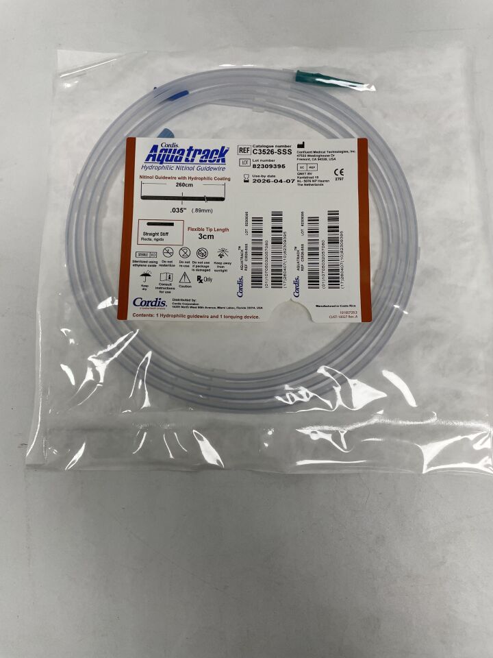C3526-SSS - CORDIS - Aquatrack Hydrophilic Nitinol Guidewire - Straight Stiff - .035" x 260cm, (EA)