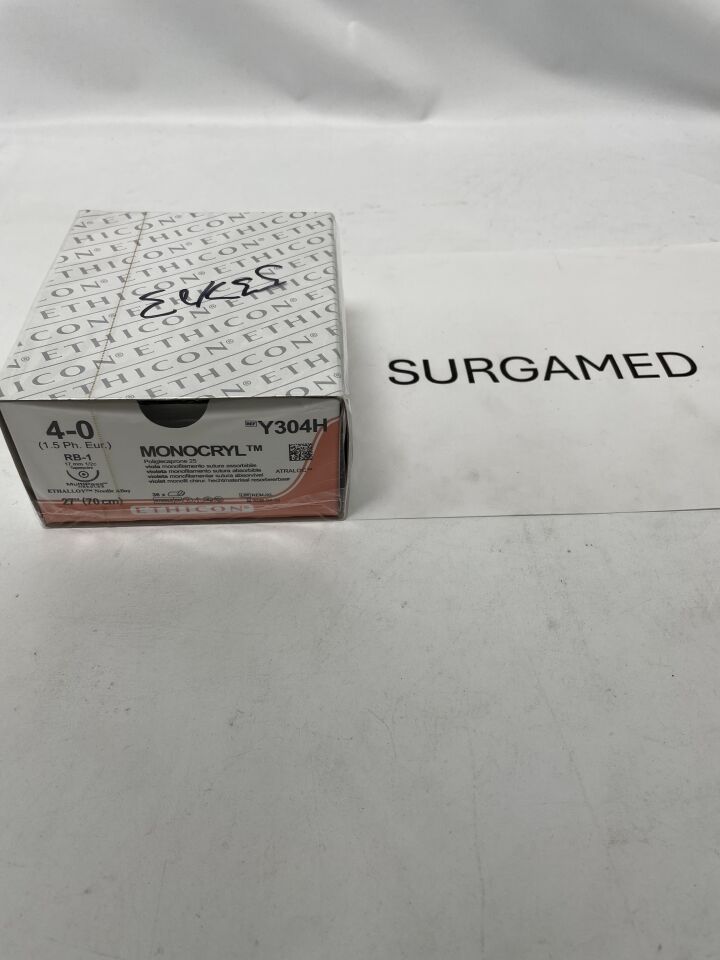 Y304H - ETHICON - Monocryl Absorbable Monofilament Poliglecaprone 25 Suture, Size 4-0, 27 in. Length, RB-1 Needle, (BX/36)