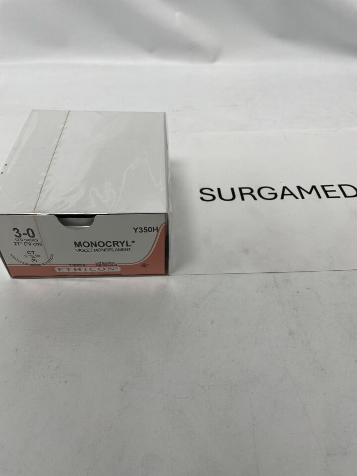 Y350H - ETHICON - Monocryl Absorbable Monofilament Poliglecaprone 25 Suture, Size 3-0, 27 in. Length, CT Needle, (BX/36)