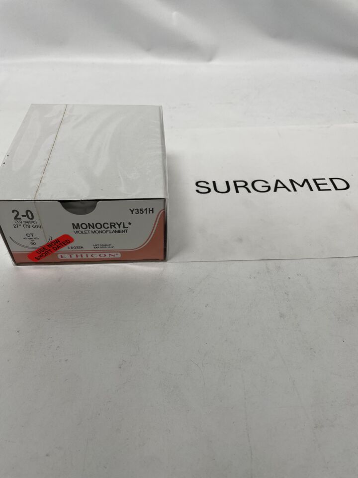 Y351H - ETHICON - Monocryl Absorbable Monofilament Poliglecaprone 25 Suture, Size 2-0, 27 in. Length, CT Needle, (BX/36)