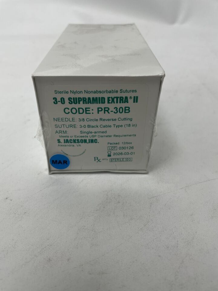 PR-30B - S JACKSON - SUPRAMID EXTRA 3/8 Circle Reverse Cutting Needle (18.7mm), USP 3-0 SUPRAMID EXTRA black cable-type Nylon, 18", (BX/12)