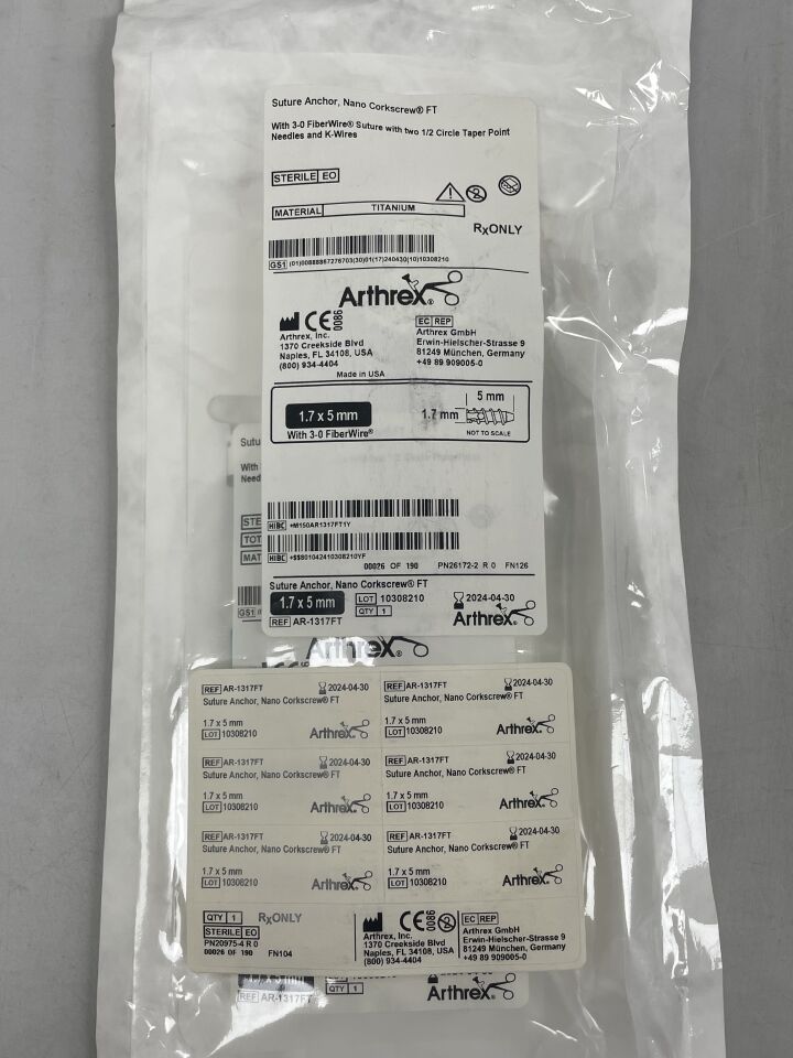 AR-1317FT - ARTHREX - Nano Corkscrew FT Suture Anchor 1.75mm x 5mm w/3-0 FiberWire, (EA)